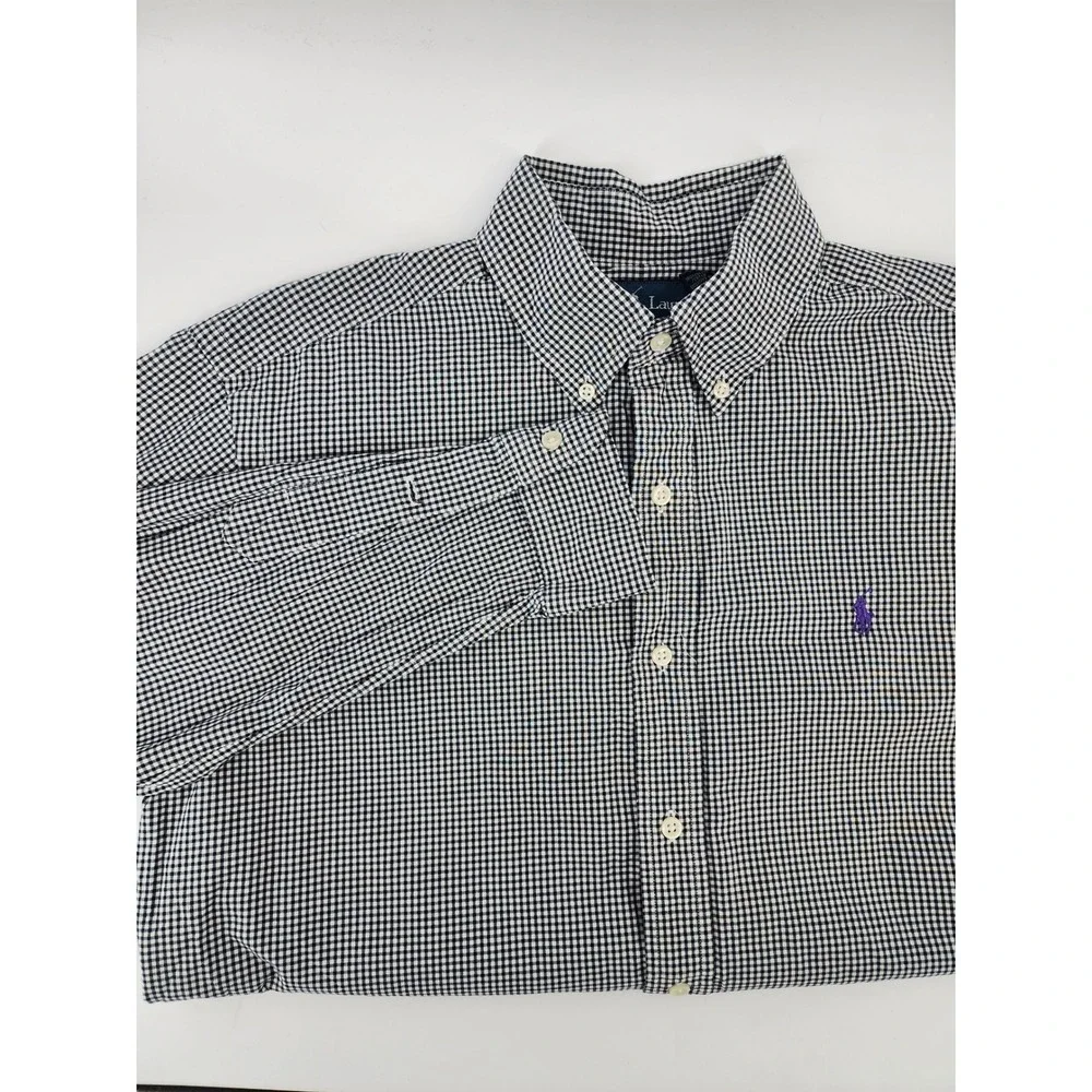 Polo Ralph Lauren Mens Gingham Button Down Shirt Black White Cotton‎ Long Sleeve